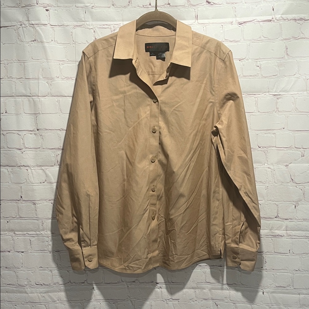 Nina Mclemore Luxary Tan Button Down 100% Cotton Shirt Woman’s Size 10